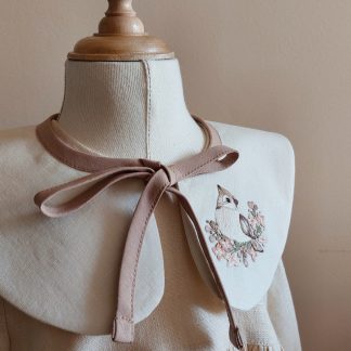 Beige Bird Embroidery Collar - Removable, Neutral Linen Accessory for Classic Dresses with Handmade Designer Embroidery